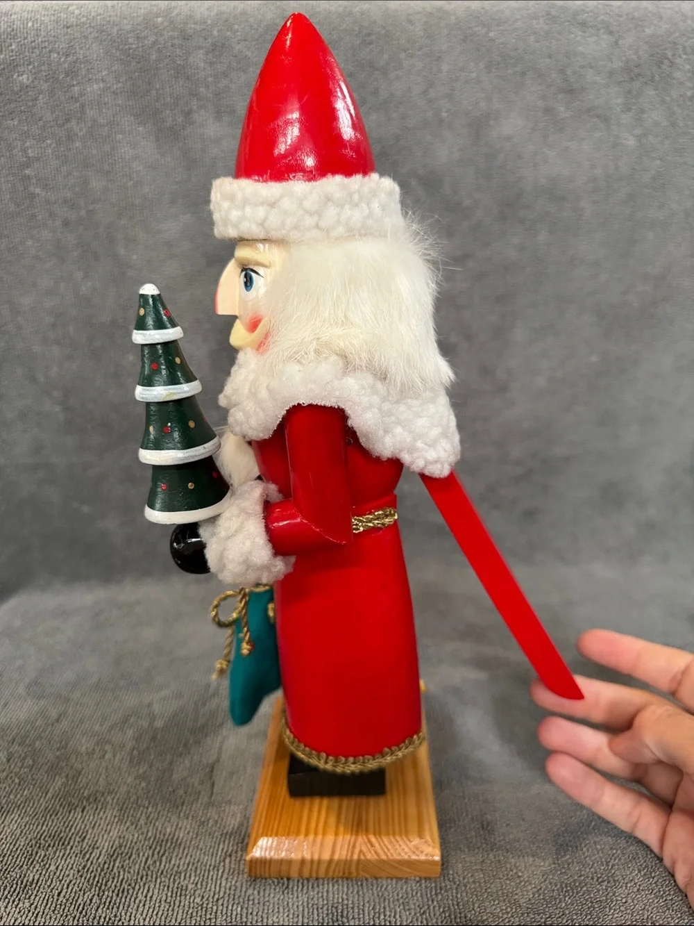 1990s 13.75 inch Santa Nutcracker with Green Tree and Sack of Toys Holiday Decor